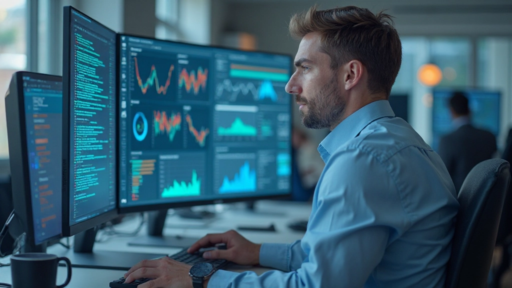 Аналитик работает с данными на нескольких мониторах в современном офисе