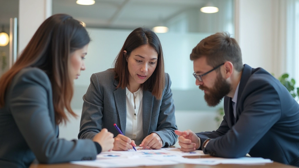 Команда специалистов обсуждает аналитику и показатели за столом в офисе