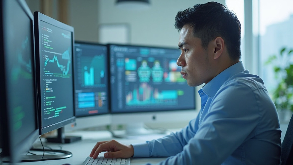 Аналитик изучает большие объёмы данных на компьютере