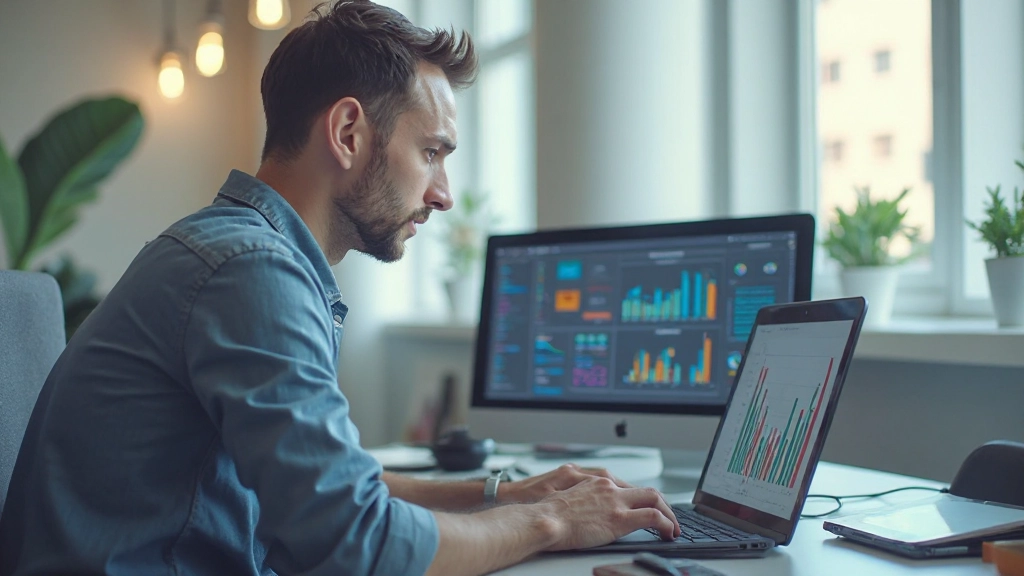 Разработчик демонстрирует программное обеспечение для анализа данных на ноутбуке