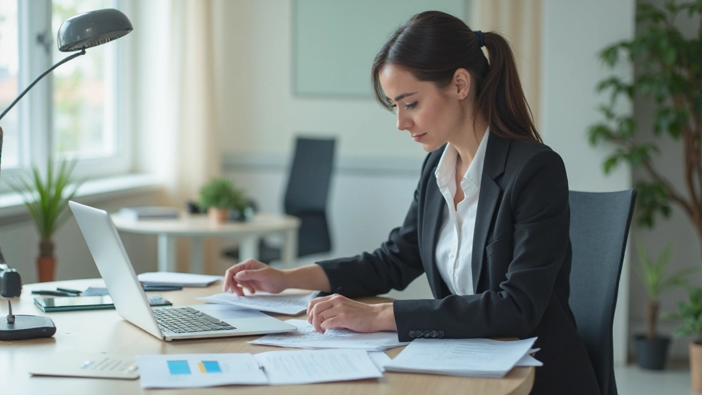 Профессиональное рабочее место с ноутбуком и организованными материалами на столе